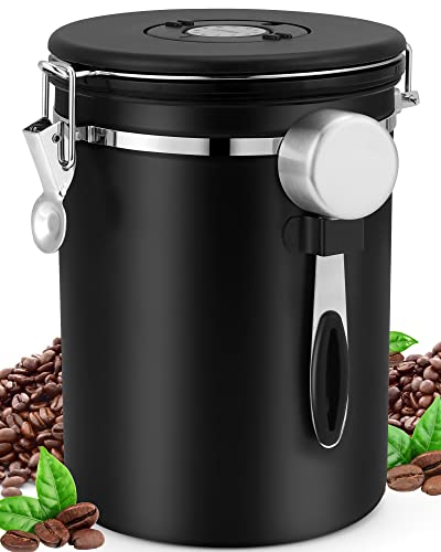 ZWOOS Kaffeedose Luftdicht 1kg - Kaffeebohnen Behälter aus Edelstahl mit CO2-Ventil - mit Messlöffel (2,8 L Schwarz) von ZWOOS