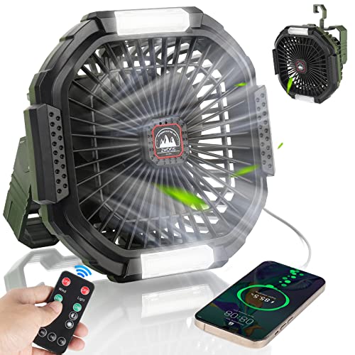 ZWOOS USB Camping Ventilator, 10400mAh Wiederaufladbar Tisch Wand/Leise Ventilator mit 4 Geschwindigkeitsstufen Verstellbaren Tischventilator mit LED-Licht für Outdoor Picknicks, Angeln von ZWOOS