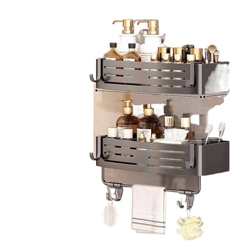 1–2 Stück Badezimmer-Eckregal mit Kunststoffhaken, Handtuchhalter, kein Bohren, Aluminium-Duschregal, Badezimmer-Organizer(B gray 2pcs) von ZWOSYNGFV