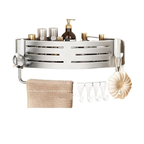 1–2 Stück Badezimmer-Eckregal mit Kunststoffhaken, Handtuchhalter, kein Bohren, Aluminium-Duschregal, Badezimmer-Organizer(Silver with rod) von ZWOSYNGFV