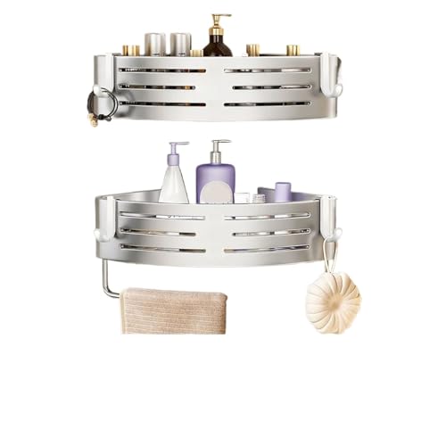 1–2 Stück Badezimmer-Eckregal mit Kunststoffhaken, Handtuchhalter, kein Bohren, Aluminium-Duschregal, Badezimmer-Organizer(Silver with rod-2pcs) von ZWOSYNGFV