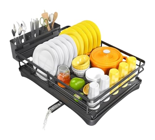 Geschirrtrockner for die Küchentheke, großer Geschirrständer mit Abtropffläche, rostfreier Abtropfständer mit Utensilienhalter for die Spüle(Black) von ZWOSYNGFV
