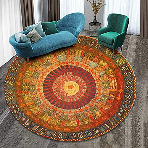 Teppich Baumwolle Rund 120cm Baumwollteppich Waschbar Groß Vintage Teppich Mandala Rund Boho Teppich für Wohnzimmer Beige Schlafzimmerteppich Flachgewebe,H,Diameter 140cm von ZWPILY