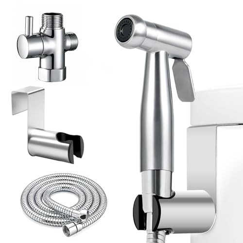 Bidet Handbrause Set, Handbrause Bad Bidet für Toilette, Edelstahl Duschkopf Bidetaufsatz mit 3 Wege Wasserhahn und 1.5M Federschlauch für Reinigung, Toilette, WC, Persönliche von ZWQLZG