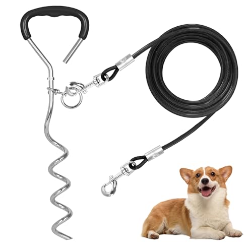 Hunde-Auslegekabel und Pfahl, 9 m, robustes Kabel mit Feder, Hundepfähle und Leinenhaken, spiralförmige Erdspieße, Bodenspieß, Welpe, Haustier (schwarz) von ZWQLZG