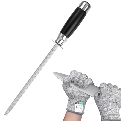 Wetzstahl für Messer,Professioneller Messer Schärfen 19cm Sharpening Steel, Diamond Steel Knife Sharpener with Cut Resistant Gloves, Steel Knife Sharpener von ZWQLZG