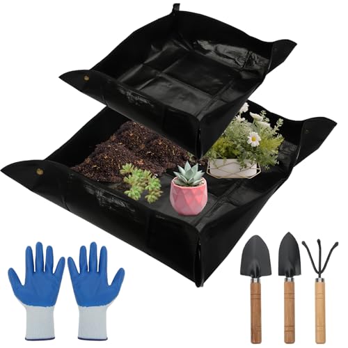 ZWQLZG 2 Stück Pflanzmatte Gartenmatte, 100x100cm & 68x68cm Pflanzen Umtopfmatte mit Umpflanzwerkzeugen Topfuntersetzer pflanzmatte, Gartenarbeitsunterlage Pflanzunterlage für Gartenarbeit von ZWQLZG
