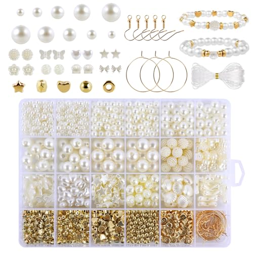 ZWQLZG Weiß Perlen für Armbänder, 1120 Stk Perlen für Armbänder Selber Machen, Schmuck Selber Machen Set mit Pearl und Goldene Perlen, Diy Bracelet Making Kit und Friendship Bracelet Kit von ZWQLZG