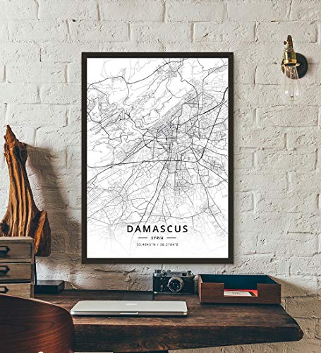 ZWXDMY Leinwand Bild,Syrien Damaskus Stadtplan Schwarze Und Weiße Minimalistische Text Abstrakten Drucken Wandbild Leinwand Poster Malerei Studie Office Home Einrichtung, 60 × 80 cm von ZWXDMY