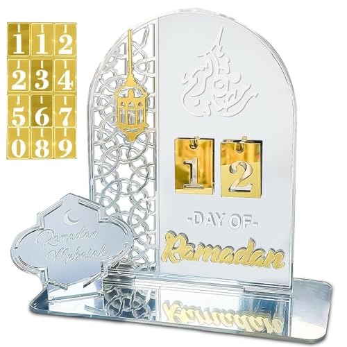 Ramadan Kalender aus Acryl, Ramadan Kalender Countdown, 30 Tage Eid Mubarak Kalender, Eid Mubarak Kalender DIY, Ramadan Adventskalender Zuhause Dekoration Geschenke für Kinder (Silber) von ZWXSTAR