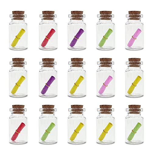 ZWZNBL 15 x transparente Glas-Wunschflaschen mit Korken, 20 x 40 mm, für Heimwerker, Handwerk, Hochzeit, Party, Dekoration, mit 15 kleinen Notizen von ZWZNBL