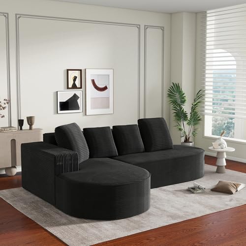 ZX Design Ecksofa mit Schlaffunktion, Couch L Form Couch mit Schlaffunktion Wohnlandschaft L-Form, Schlafsofa Modernes Schlafsofa mit Vier Kopfkissen Kompressionssofa Cord Sofa (Schwarz) von ZX Design
