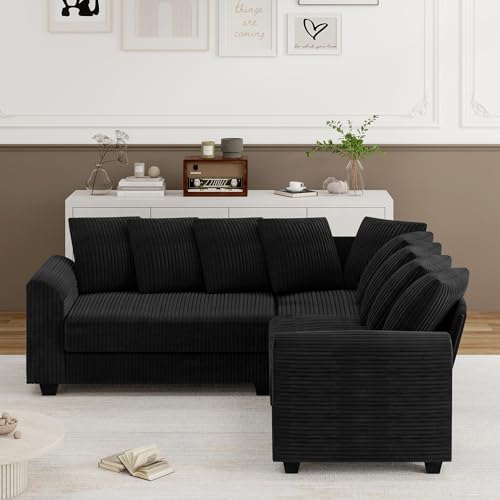 ZX Design L-Form Ecksofa mit Schlaffunktion in Cord, Sofas & Couches, L-Form Wohnlandschaft Couch für Wohnzimmer, Schlafzimmer, Apartment (Schwarz) von ZX Design