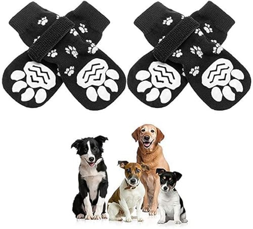 Indoor Anti-Rutsch Hundesocken mit verstellbaren Riemen Weicher Haustier Pfotenschutz mit Fußabdruck Muster Anzug zur Verbesserung des Griffs Ihres Hundes auf Indoor Hartholzböden (Black S) von ZXAZX