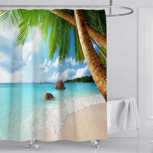 1 Stück Badevorhang Strand Insel Sommer Schöner Strand Palme Welle Urlaub Ozean Badezimmer Dekor mit 12 Kunststoffhaken 90 x 150 cm (35,43 x 59,06 Zoll) von ZXBNNN