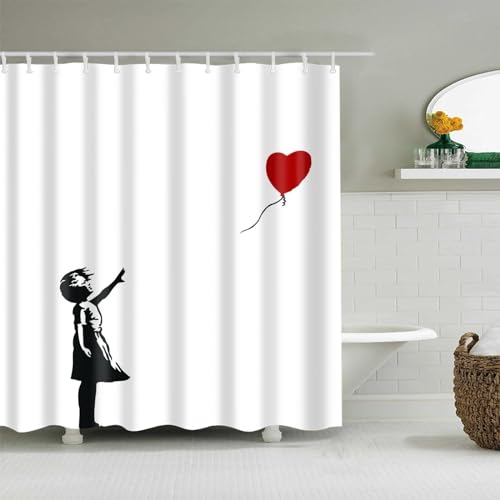 Banksy Red Balloon Mädchen Herz Ballon Einfacher Duschvorhang Fee Kinder Badezimmer Dekor Bad wasserdichte Stoffvorhänge 200 x 180 cm (78,74 x 70,87 Zoll) von ZXBNNN
