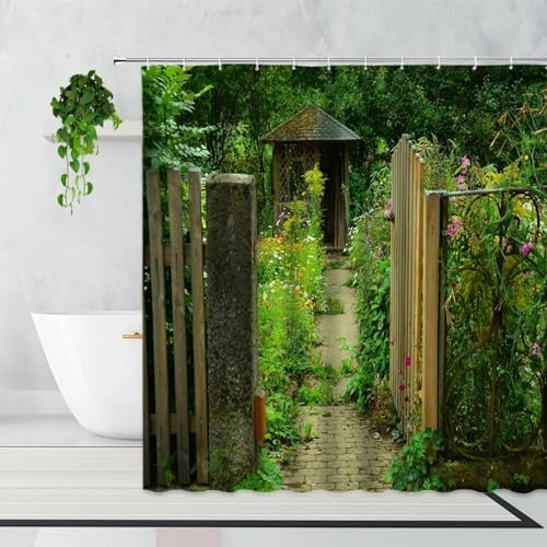 Garten Holztür Zaun Duschvorhang Retro Pastorale alte Steinmauern Landschaft Dekor Stoff Badezimmer wasserdichte Vorhänge 120 x 150 cm (47,24 x 59,06 Zoll) von ZXBNNN