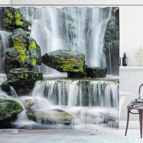 3D-Natur-Landschafts-Wasserfall-Landschaft, wasserdichter Duschvorhang, Badezimmerprodukte, kreativer Polyester-Badevorhang mit Haken, 90 x 180 cm (35,43 x 70,87 Zoll) von ZXBNNN