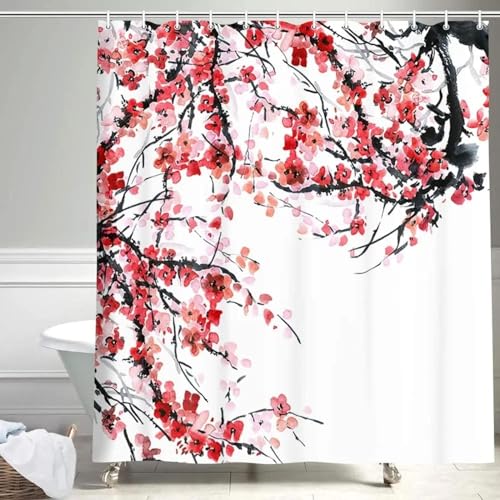 Duschvorhang mit Tintenpflanzen und Blumen, rote Pflaume, japanische Kirschblüten, Badevorhänge, Aquarelldruck, modernes weißes Badezimmerdekor, 90 x 180 cm (35,43 x 70,87 Zoll) von ZXBNNN