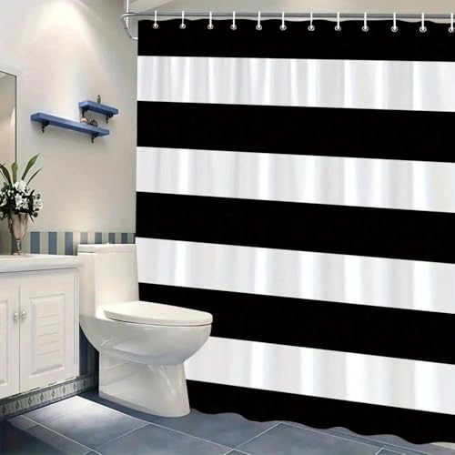 ZXBNNN Moderner minimalistischer schwarz-weiß gestreifter Duschvorhang, waschbares Badezimmerdekor aus Polyester mit Haken, für das Badezimmer zu Hause (180x210cm) von ZXBNNN