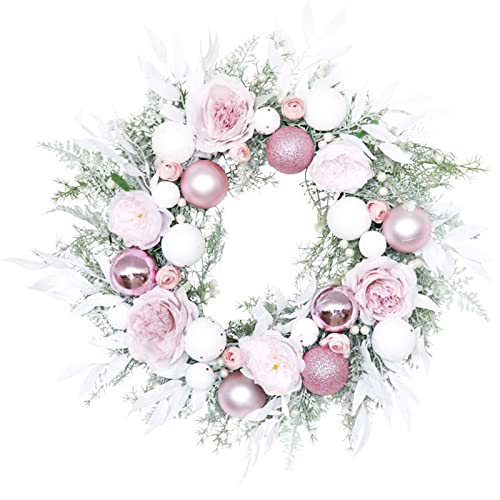 ZXCFTG 54,9 cm Rosa Künstlicher Weihnachtskranz Fichte Weihnachtskranz mit Dekoration Kugeln Blumenkranz für Türen Fenster Wände Kamine von ZXCFTG