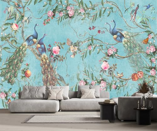 Fototapete Blaue Pfauen Retro Ölgemälde 400x280cm Tapete Kinderzimmer Vliestapete Wohnzimmer Schlafzimmer Wandtapete Deco -ZXCHEE-MZ00413 von ZXCHEE