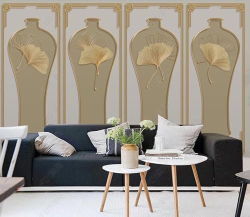 Tapete 3D Fototapete 3D Effekt Goldene Ginkgo Blätter Vase Tapeten Kinderzimmer Wandbilder Wohnzimmer Schlafzimmer Wanddeko -ZX07907-310x250cm von ZXCHEE