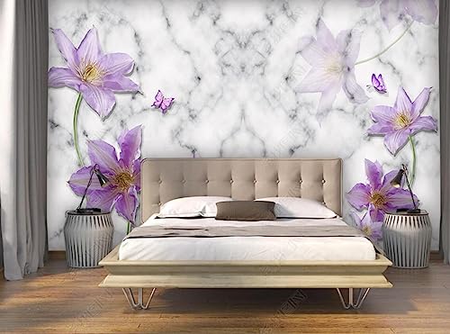 Tapete 3D Fototapete 3D Effekt Lila Blumen Schmetterling Marmor Tapeten Kinderzimmer Wandbilder Wohnzimmer Schlafzimmer Wanddeko -ZX07076-200x140cm von ZXCHEE