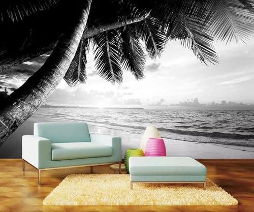 Tapete 3D Fototapete 3D Effekt Strand Kokosbaum Schwarz Weiß Tapeten Kinderzimmer Wandbilder Wohnzimmer Schlafzimmer Wanddeko -ZX07854-350x250cm von ZXCHEE