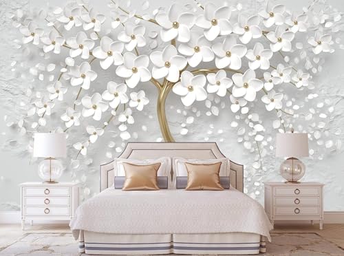 Tapete 3D Fototapete 3D Effekt Weiße Blume Goldener Baum Tapeten Kinderzimmer Wandbilder Wohnzimmer Schlafzimmer Wanddeko -ZX08609-310x250cm von ZXCHEE