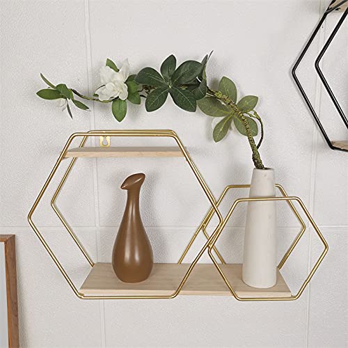 ZXCVB Schlafzimmer Dekol, Dekoratives Wandregal Für Wand Deko Wohnzimmerregale Für Die Wand, Shape Design Floating Shelf, 2er Set, Metallrahmen Und Massives Kiefernholz,Gold von ZXCVB