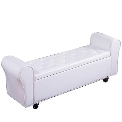ZXDRYBHD Sitzbank mit Stauraum, Eingangsbank, mit Gepolsterter Fußbank mit Knopfheftung, mit Armlehnen, für Wohnzimmer, Schlafzimmer, Eingangsbereich(White,100cm/39.4in) von ZXDRYBHD