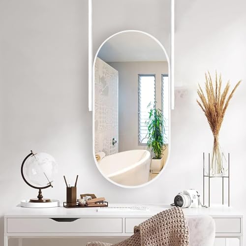 ZXDTVFGN Großer ovaler Spiegel zum Aufhängen an der Decke, Badezimmer-Waschtisch mit montiertem Doppelausleger, dekorativer Hängespiegel mit Metallrahmen, weiß (Größe: 40 cm x 60 c von ZXDTVFGN