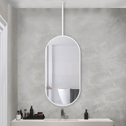 ZXDTVFGN Moderner ovaler Hängespiegel mit anpassbarem, an der Decke montiertem Ausleger für Zuhause und Hotel, schwebender Badezimmer-Waschtisch, Metallrahmen, dekorativ, Weiß (40 cm x 60 c von ZXDTVFGN