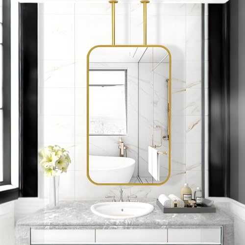 ZXDTVFGN Schwebender Spiegel zum Aufhängen an der Decke in Gold, Dekorspiegel mit abgerundetem rechteckigem Rahmen und Metallstange, Kosmetikspiegel zum Rasieren, Wandspiegel zum Ankleiden ZXDTVFGN Schwebender Spiegel zum Aufhängen an der Decke in Gold, Dekorspiegel mit abgerundetem rechteckigem Rahmen und Metallstange, Kosmetikspiegel zum Rasieren, Wandspiegel zum Ankleiden von ZXDTVFGN