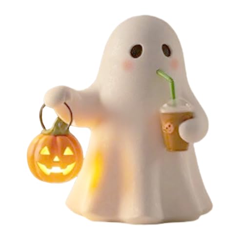 ZXDZSW Halloween-Kürbisgeist-Kaffee-Nachtlicht, Weihnachtsharz, Mini-Leucht-Desktop-Ornamente, handgefertigte 3D-LED-Gruselige-Geisterstatue-Lampendekorationen, for Zuhause(White 5.5'') von ZXDZSW