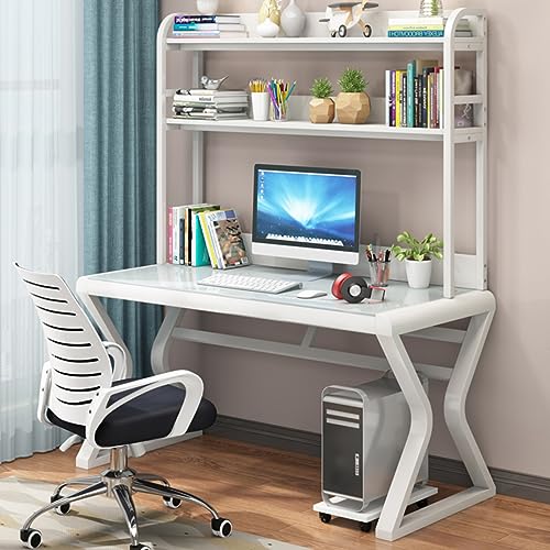 Computertisch aus gehärtetem Glas, Lernschreibtisch, Arbeitsplatz, moderner, einfacher Computertisch mit Ablageflächen, Bücherregal für das Heimbüro (31 Zoll, weiß) von ZXFDMSWJ