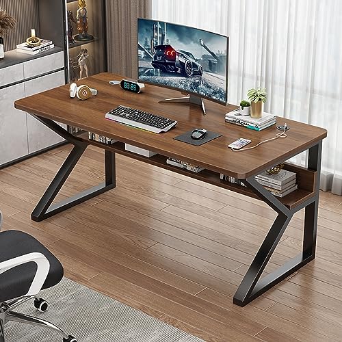 Computertisch mit Ablageflächen – Moderner und einfacher Arbeitsplatz mit Metallbeinen – Effizientes Heimbüro von ZXFDMSWJ