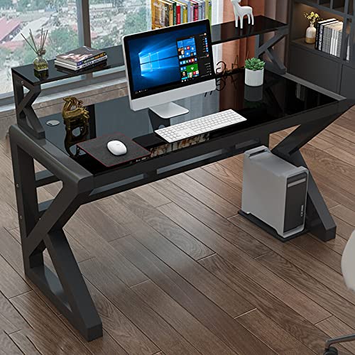 Computertisch mit Bücherregal, Schreibtisch aus gehärtetem Glas, moderner, einfacher Arbeitstisch/Arbeitsplatz mit stabilem Metallrahmen (31", schwarz) von ZXFDMSWJ