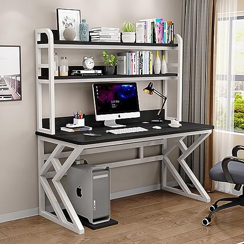 Computertisch mit Bücherregal, moderner Schreibtisch/Arbeitsplatz, Heimbüro-Schreibtisch, einfache Montage (31 Zoll, schwarzer + weißer Rahmen) von ZXFDMSWJ