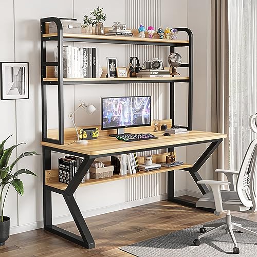 Computertisch mit Schrank und Bücherregal, PC-Arbeitsschreibtisch, Heimbüro-Schreibtisch, Arbeitsstation für Erwachsene/Studenten (47 Zoll, Walnuss + schwarzer Rahmen) von ZXFDMSWJ