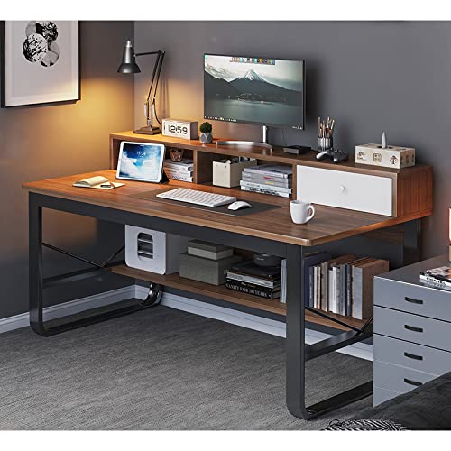 Computertisch mit Schublade und Ablageflächen, moderner Studentenschreibtisch, Arbeitstisch, Heimbüro-Schreibtisch, kompakter Computer-Arbeitsplatz (39 Zoll, Walnuss) von ZXFDMSWJ
