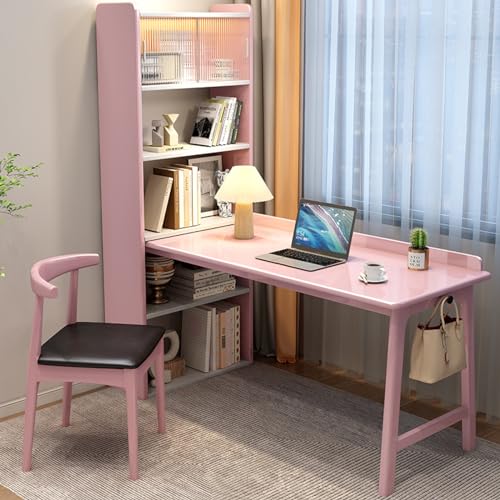 Home-Office-Computertisch mit Bücherregal und Glastür, moderner Eckschreibtisch mit offenen Regalen, Arbeitsschreibtisch, Massivholz-Schreibtisch (47 Zoll, rosa) von ZXFDMSWJ