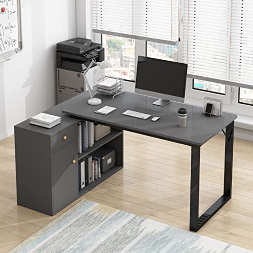 L-förmiger Computertisch mit 2 Regalen, Eckschreibtisch mit Schubladen und Aufbewahrungsschrank, einfacher und moderner Büroarbeitsplatz aus Holz für das Heimbüro-B von ZXFDMSWJ