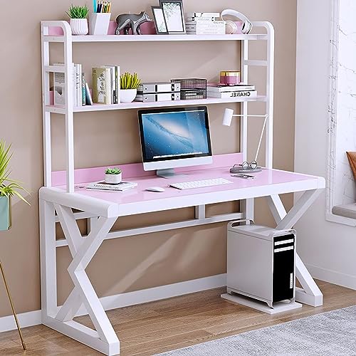 Moderner, einfacher Arbeitsschreibtisch aus gehärtetem Glas, Computertisch, Heimbüro-Schreibtisch, Arbeitstisch mit Ablageflächen (47 Zoll, rosa + weißer Rahmen) von ZXFDMSWJ