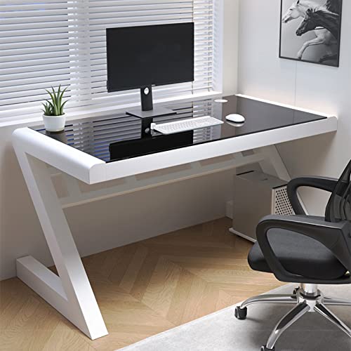 Moderner Design-Computertisch aus gehärtetem Glas, Arbeitstisch, Heimbüro, Gaming-Schreibtisch, persönlicher Arbeitsplatz mit Z-förmigem Metallrahmen (99 cm, Schwarz und Weiß) von ZXFDMSWJ