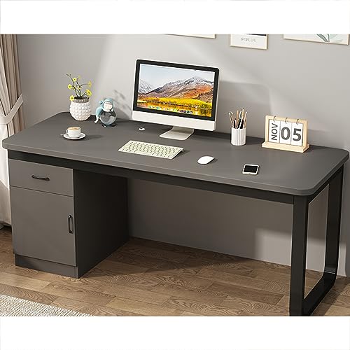 Moderner Schreibtisch mit Schubladen und Schrank, Computertisch für das Heimbüro, Arbeitstisch mit stabilem Metallrahmen (39 Zoll, grau) von ZXFDMSWJ