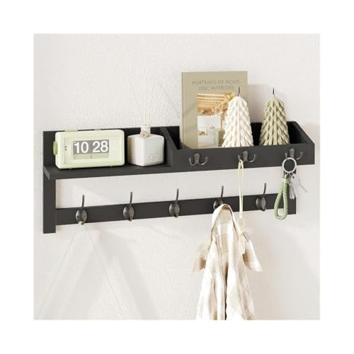 ZXFIYTBH Kleiderhaken Wandgarderobe mit Ablage, Hängeregal aus Holz for Hüte, Jacken, Taschen Aufbewahrungshaken für Zuhause(Schwarz) von ZXFIYTBH