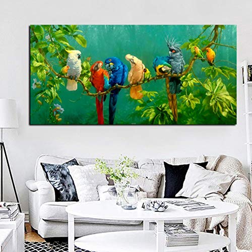 ZXFMT Leinwanddrucke Künstlerische Papagei Vogel Auf Zweigen Holz Landschaft Ölgemälde Auf Leinwand Poster Drucken Wandbild Für Wohnzimmer Dekor 60x150cm unframed von ZXFMT