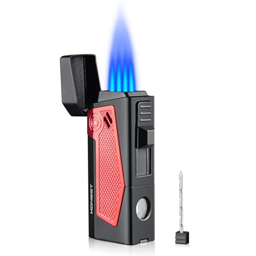 Quad 4 Jet Flame Torch Zigarrenfeuerzeug, mit Fluid-Sichtfenster, multifunktionales Zigarrenzubehör, Zigarrenhalter, Zigarrenzugverstärker, Gadgets für Männer, Geschenkideen (Color : Black red) von ZXHHXEB